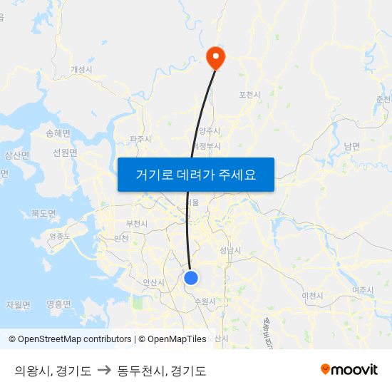 의왕시, 경기도 to 동두천시, 경기도 map