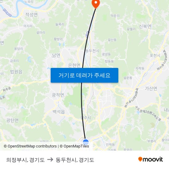 의정부시, 경기도 to 동두천시, 경기도 map