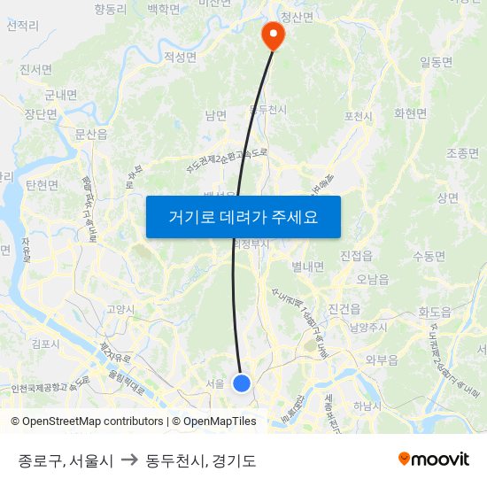 종로구, 서울시 to 동두천시, 경기도 map