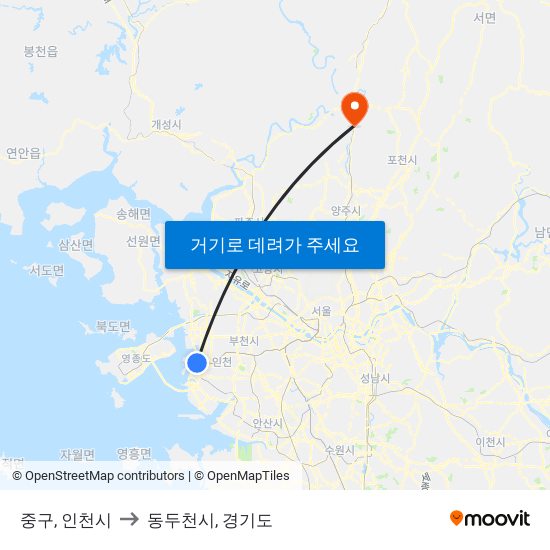 중구, 인천시 to 동두천시, 경기도 map