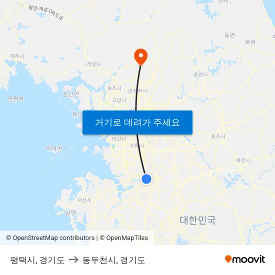 평택시, 경기도 to 동두천시, 경기도 map