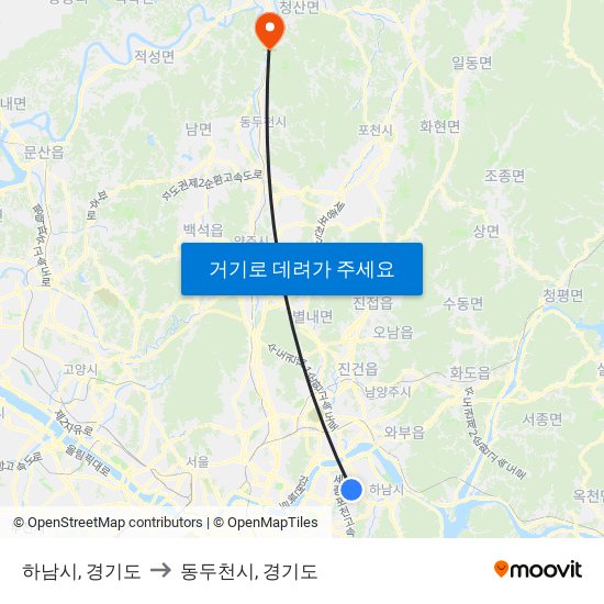 하남시, 경기도 to 동두천시, 경기도 map