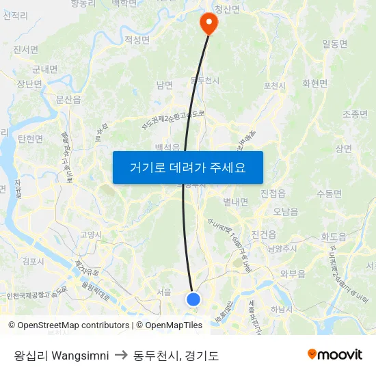 왕십리 Wangsimni to 동두천시, 경기도 map