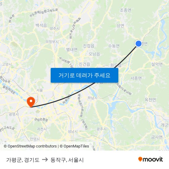 가평군, 경기도 to 동작구, 서울시 map