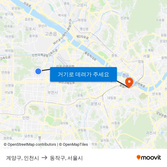 계양구, 인천시 to 동작구, 서울시 map