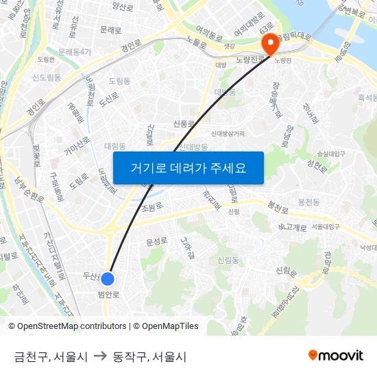 금천구, 서울시 to 동작구, 서울시 map