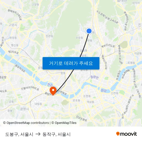 도봉구, 서울시 to 동작구, 서울시 map