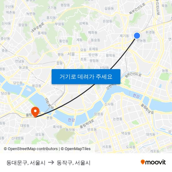 동대문구, 서울시 to 동작구, 서울시 map