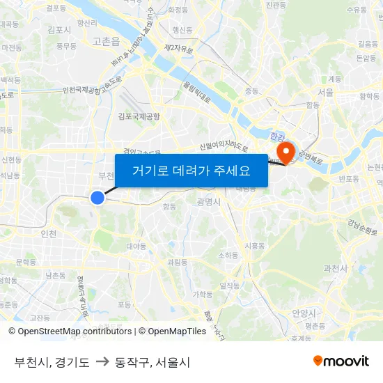 부천시, 경기도 to 동작구, 서울시 map