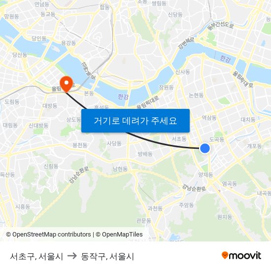 서초구, 서울시 to 동작구, 서울시 map