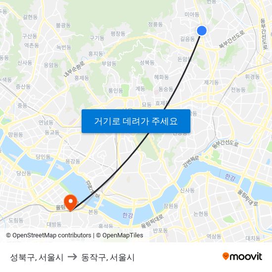 성북구, 서울시 to 동작구, 서울시 map