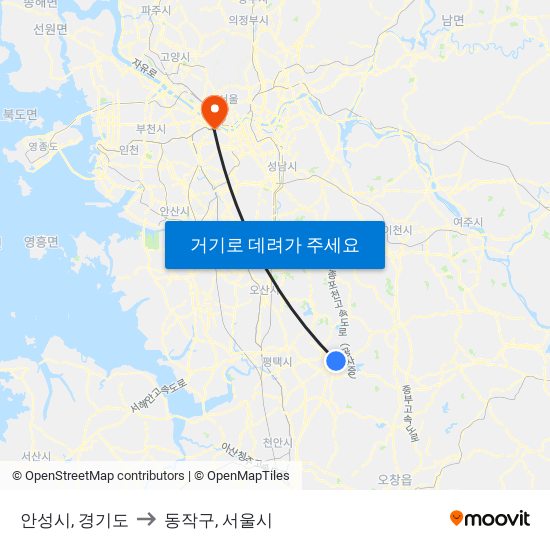 안성시, 경기도 to 동작구, 서울시 map