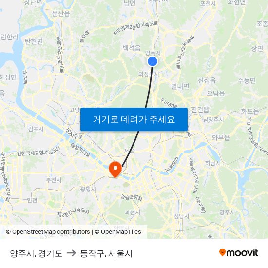 양주시, 경기도 to 동작구, 서울시 map
