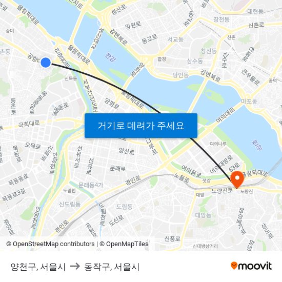양천구, 서울시 to 동작구, 서울시 map