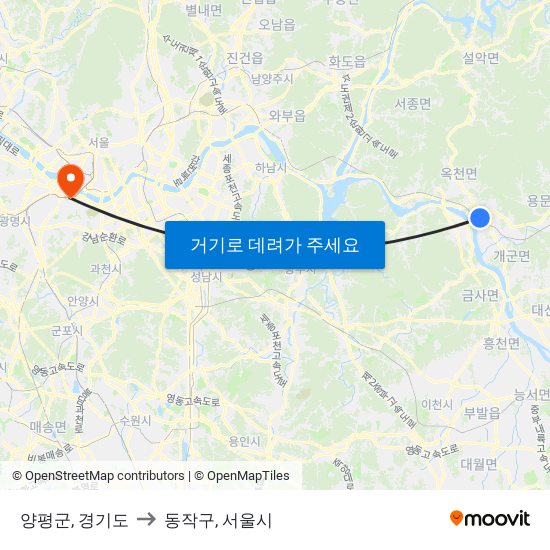 양평군, 경기도 to 동작구, 서울시 map