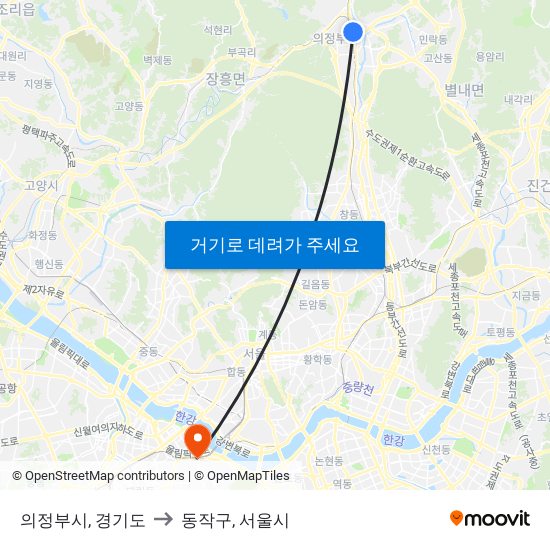 의정부시, 경기도 to 동작구, 서울시 map