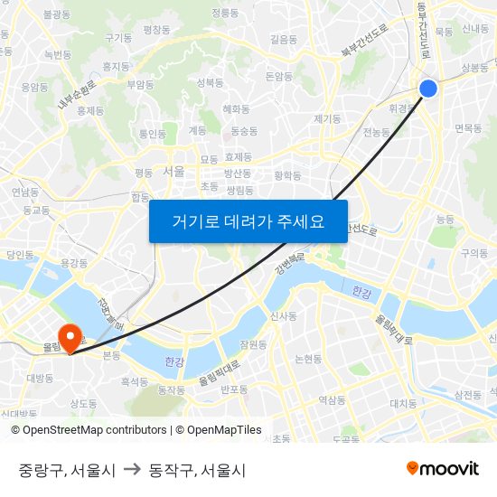 중랑구, 서울시 to 동작구, 서울시 map
