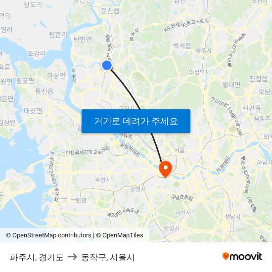 파주시, 경기도 to 동작구, 서울시 map