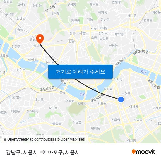 강남구, 서울시 to 마포구, 서울시 map