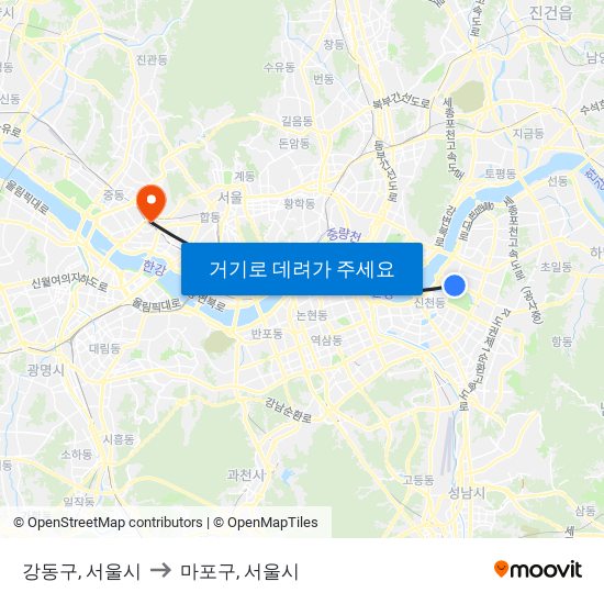 강동구, 서울시 to 마포구, 서울시 map