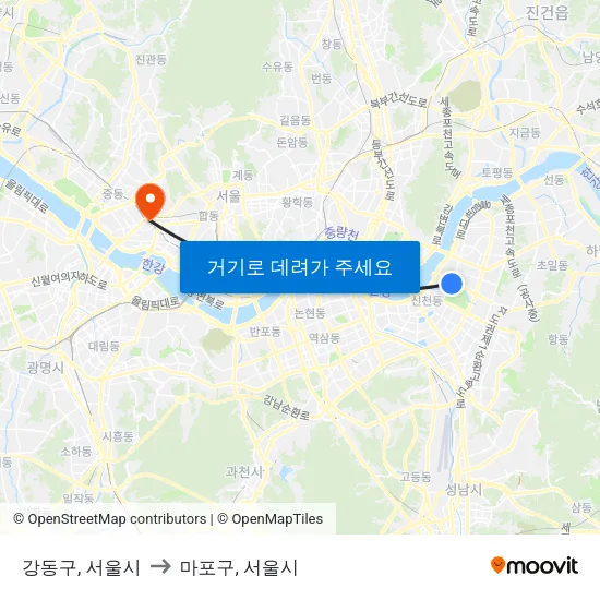 강동구, 서울시 to 마포구, 서울시 map