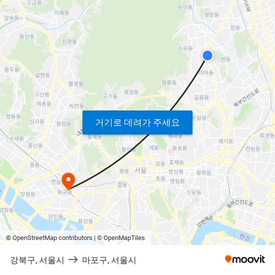 강북구, 서울시 to 마포구, 서울시 map