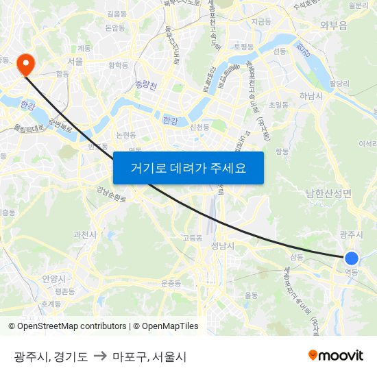 광주시, 경기도 to 마포구, 서울시 map