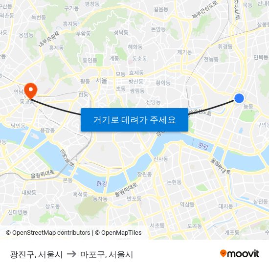 광진구, 서울시 to 마포구, 서울시 map