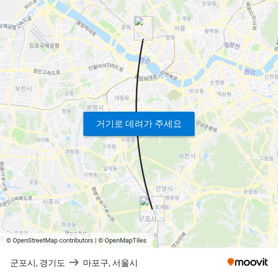 군포시, 경기도 to 마포구, 서울시 map