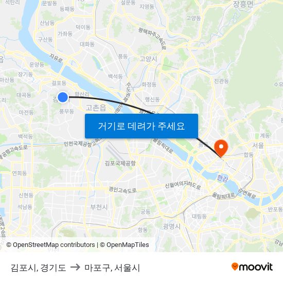 김포시, 경기도 to 마포구, 서울시 map