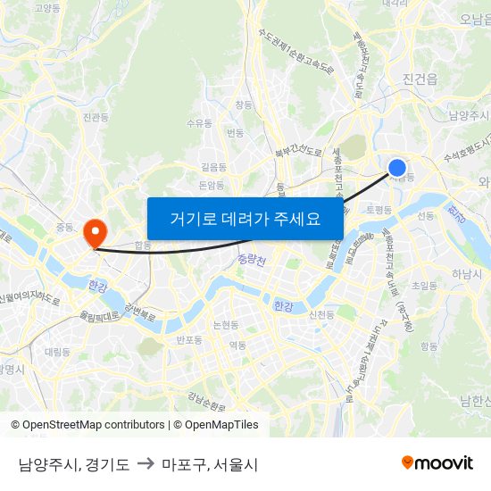 남양주시, 경기도 to 마포구, 서울시 map