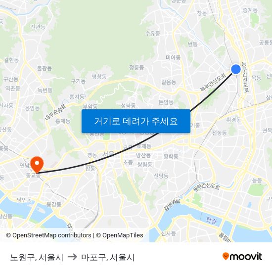 노원구, 서울시 to 마포구, 서울시 map