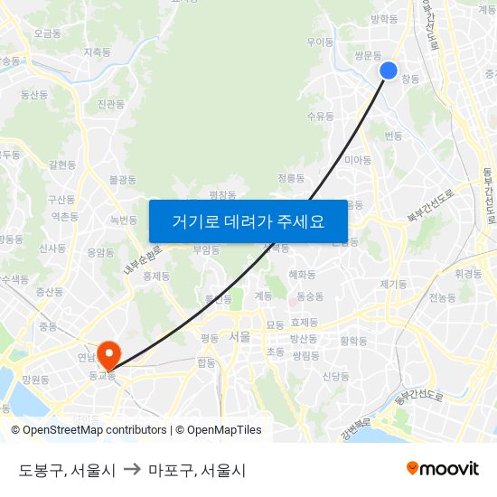 도봉구, 서울시 to 마포구, 서울시 map