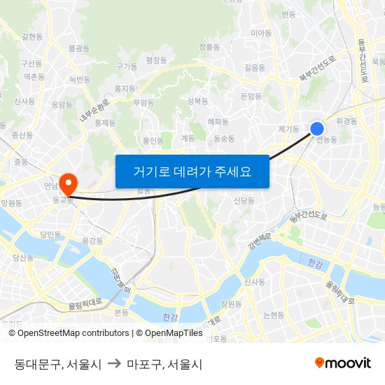 동대문구, 서울시 to 마포구, 서울시 map