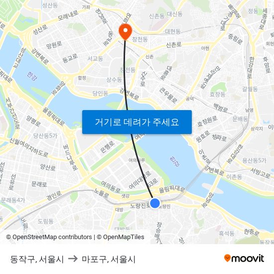 동작구, 서울시 to 마포구, 서울시 map