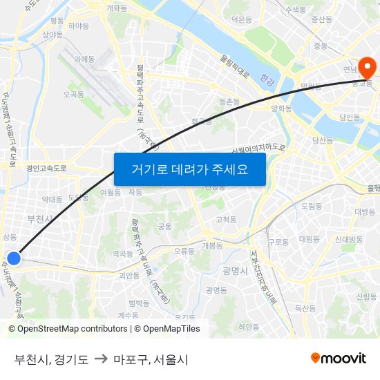 부천시, 경기도 to 마포구, 서울시 map