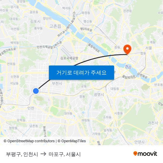 부평구, 인천시 to 마포구, 서울시 map