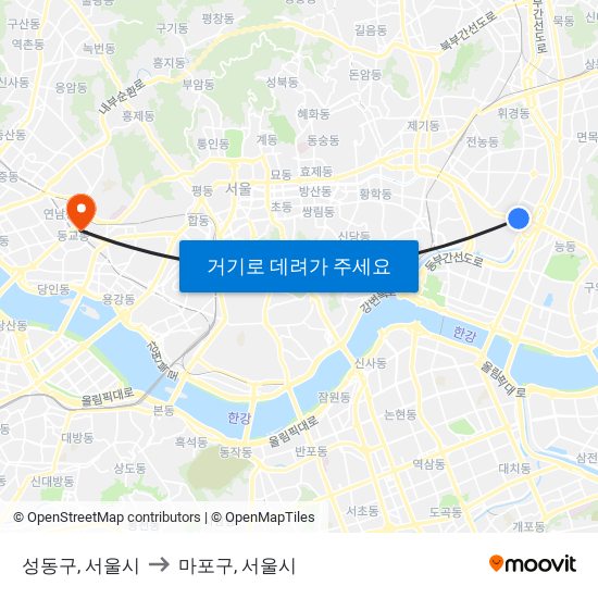 성동구, 서울시 to 마포구, 서울시 map