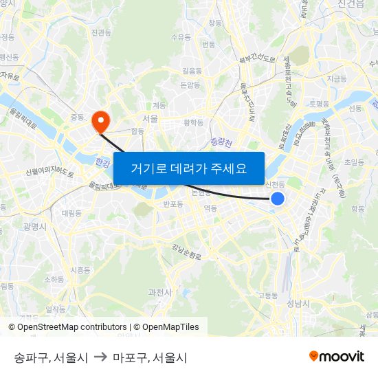 송파구, 서울시 to 마포구, 서울시 map