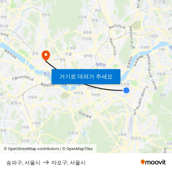 송파구, 서울시 to 마포구, 서울시 map