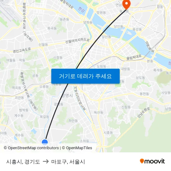 시흥시, 경기도 to 마포구, 서울시 map