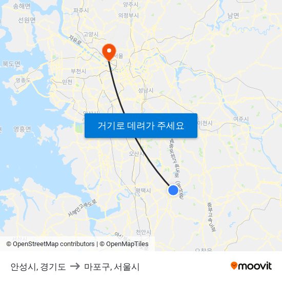 안성시, 경기도 to 마포구, 서울시 map