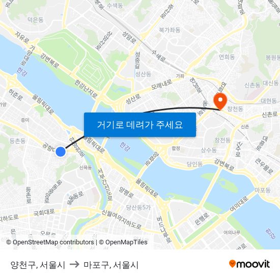 양천구, 서울시 to 마포구, 서울시 map