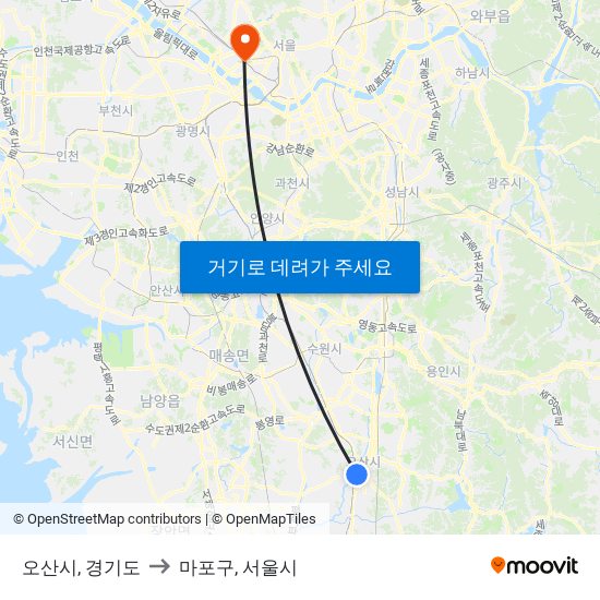 오산시, 경기도 to 마포구, 서울시 map
