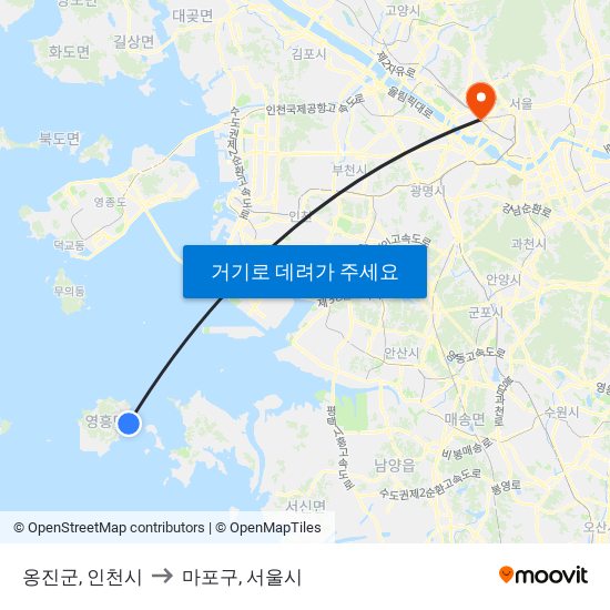 옹진군, 인천시 to 마포구, 서울시 map