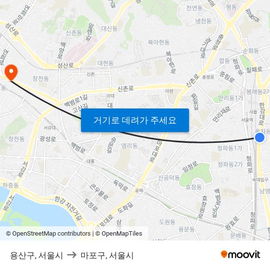용산구, 서울시 to 마포구, 서울시 map