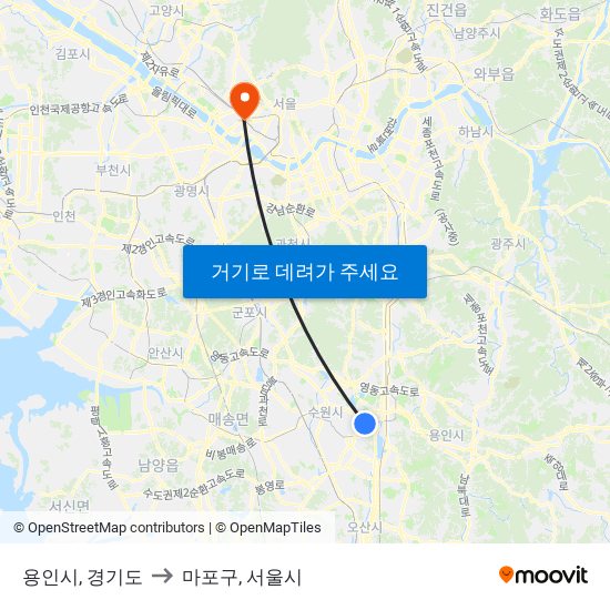 용인시, 경기도 to 마포구, 서울시 map