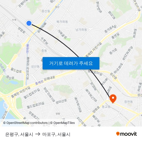 은평구, 서울시 to 마포구, 서울시 map