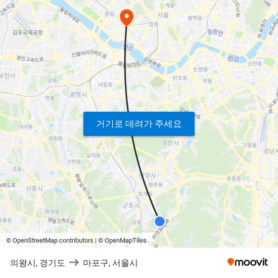 의왕시, 경기도 to 마포구, 서울시 map