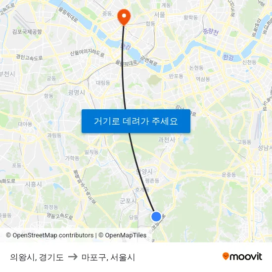 의왕시, 경기도 to 마포구, 서울시 map